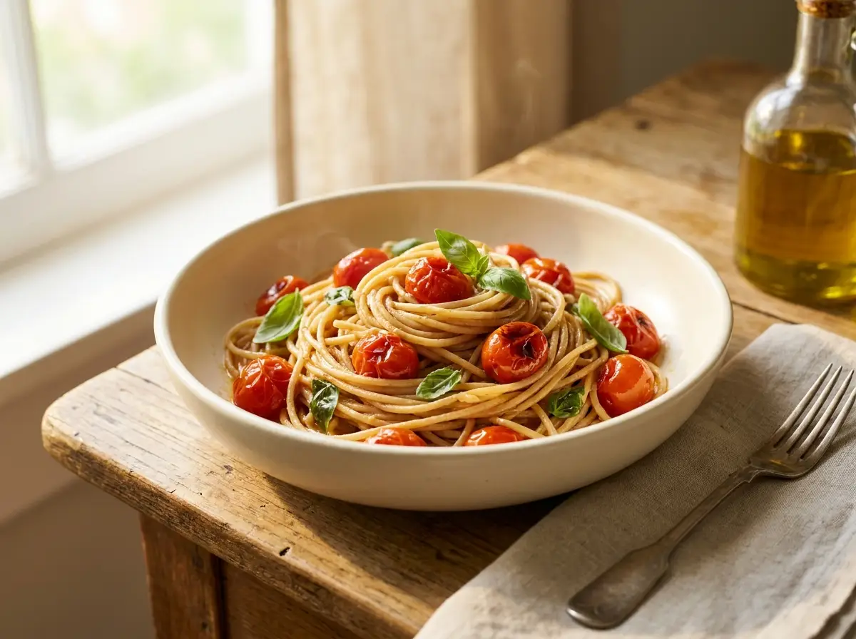 Whole-wheat spaghetti with cherry tomatoes and basil