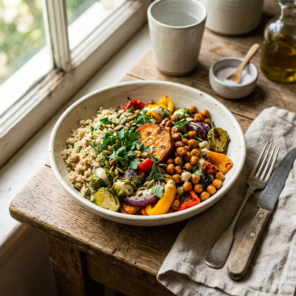 A colourful bowl of grains and roasted vegetables